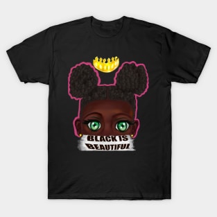 Black is beautiful black girl with Afro hair in puffs, green eyes and dark brown skin side profile. Hair love ! T-Shirt